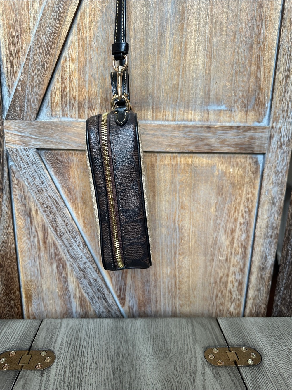 Coach Eva Phone Crossbody In Blocked Signature Canvas Light Khaki/Brown - Picture 8 of 15